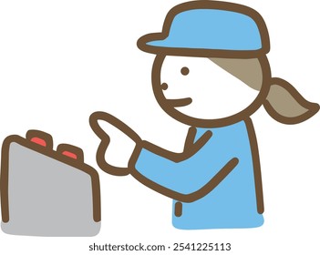 A woman in work clothes pressing a button on the equipment