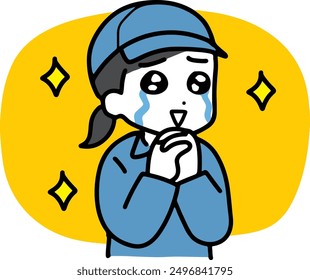 A woman in work clothes smiling and crying