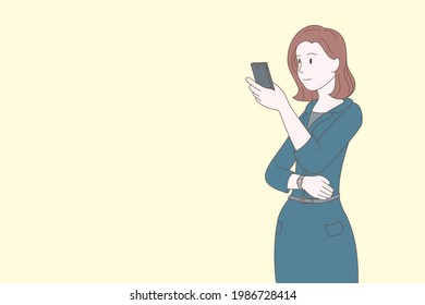 Woman in work clothes is using her phone to shop online and work. Pastel style.