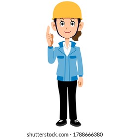 Woman in work clothes wearing a helmet pointing up