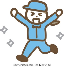 A woman in work clothes who raises his hand and rejoices