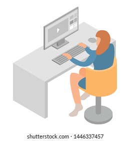 Woman work at computer icon. Isometric of woman work at computer vector icon for web design isolated on white background
