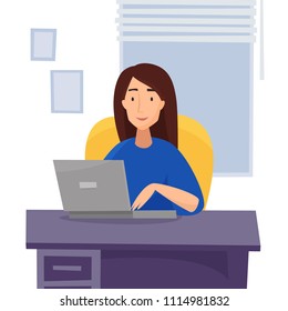 Woman work at computer in office. Flat cartoon style vector illustration.