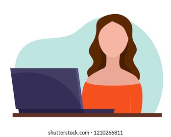 Woman work at computer in office. Flat cartoon style vector illustration.