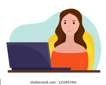 Woman work at computer in office. Flat cartoon style vector illustration.