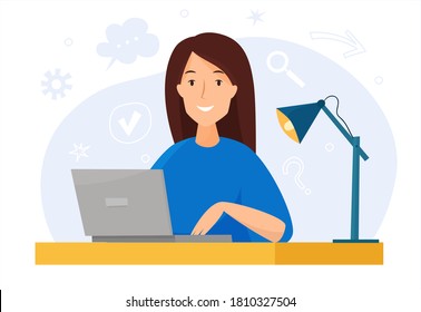 Woman work at computer in office. Flat cartoon style vector illustration.