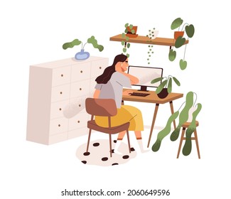 Woman work with computer, sitting at desk in home office. Freelancer at modern cozy remote workplace with table, desktop and potted house plants. Flat vector illustration isolated on white background