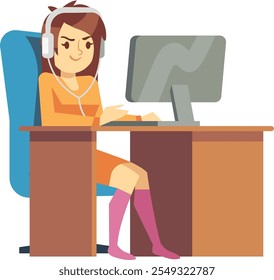 Woman work at computer workspace. Cartoon female character