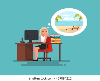 Woman at work daydreaming about summer vacation at sea. Vector illustration of a flat design