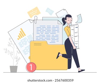 Woman work with documents. Young girl with stack of papers near folder with documents. Clerk and manager, paperwork. Overworked employee at workplace. Linear vector illustration