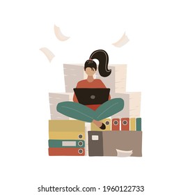 Woman at work doing yoga lotus pose. Pile of paper, busy stressed employee sitting on stack of documents in carton, cardboard box. Paperwork Bureaucracy. Worker meditating and working. Flat vector