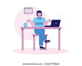 Woman at work doing yoga to rest her mind when she has a lot of pressure. Character design. Vector flat illustration