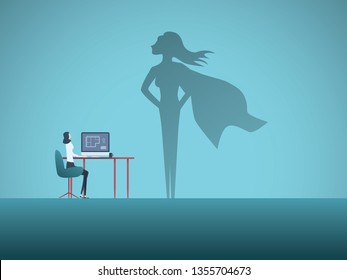 Woman at work dreaming about being superhero vector concept. Symbol of aspiration, motivation, ambition, career success. Eps10 vector illustration.