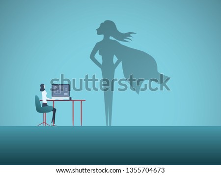 Woman at work dreaming about being superhero vector concept. Symbol of aspiration, motivation, ambition, career success. Eps10 vector illustration.