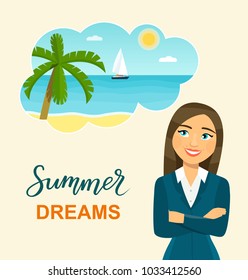 Woman at work dreaming about summer vacation at sea. Vector flat style illustration 