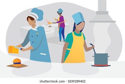 As Woman Work Force Grows So Does Their Presence In Many Unconventional Places Like A Restaurant.the Illustration Depicts A Chef Working Along With Her Staff In The Kitchen.