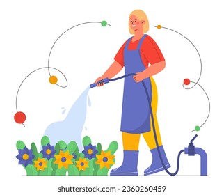 Las mujeres trabajan en el concepto de jardín. Jovencita con manguera de agua y flores. Jardinería y horticultura. Los agricultores se ocupan de las plantas. Dibujo vectorial plano de dibujos animados aislado en fondo blanco