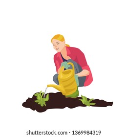 Woman work in garden. Illustration for vegan farm food in flat design