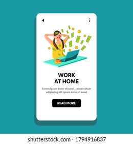 Woman Work At Home Business Or Investment Vector. Girl Relaxing In Front Of Laptop And Money Fly From Computer, Salary For Worker Work At Home. Character Web Flat Cartoon Illustration Woman Work At Home Business Or Investment Vector. Girl Relaxing In Front Of Laptop And Money Fly From Computer, Salary For Worker Work At Home. Character Web Flat Cartoon Illustration