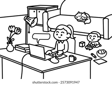 Woman work at home coloring pages style.
