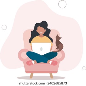 woman work from home concept, chair with laptop, student or freelancer.flat vector illustration.