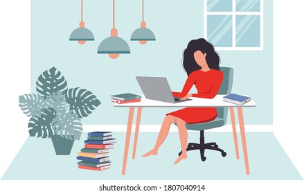 Woman work at home concept. Flat cartoon style vector illustration.