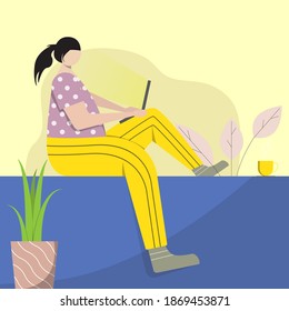 Woman work from home with a cup of coffee. vector flat character illustration.