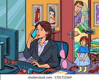 woman work at home freelance epidemic self isolation quarantine. Pop art retro vector illustration kitsch vintage 50s 60s style