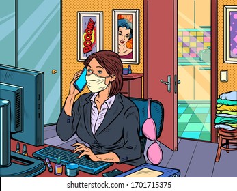 Woman Work At Home Freelance Epidemic Self Isolation Quarantine. Pop Art Retro Vector Illustration Kitsch Vintage 50s 60s Style