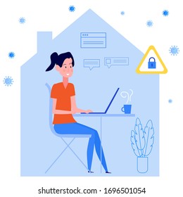 A woman work from home. Freelance. Lock down. Protect from viruses. Flat illustration