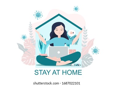 woman work at home, freelance, relax. Stay at home banner. self isolation vector illustration