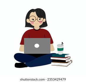 Frauen Arbeit von zu Hause aus in Laptop und Bücher, für Aufkleber, Dekoration, Flach-Karte und andere. Ein einfaches Vektordesign