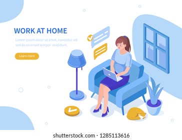 
Woman work at home with laptop. Can use for web banner, infographics, hero images. Flat isometric vector illustration isolated on white background.