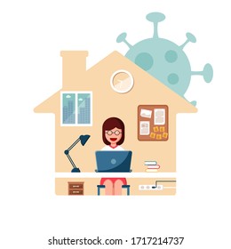 A woman work from home with laptop during an outbreak of coronavirus