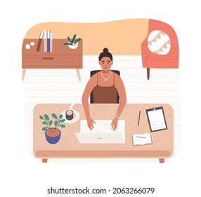 Woman work from home office. Freelance worker at online remote workplace with laptop. Employee at table working and studying through internet. Flat vector illustration isolated on white background