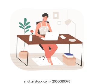 Las mujeres trabajan en la oficina del hogar con un moderno lugar de trabajo remoto. Trabajador independiente sentado en el escritorio con ordenador portátil, trabajando en línea a través de Internet. Ilustración vectorial gráfica plana aislada en fondo blanco