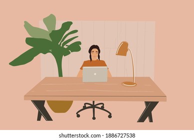 Woman work from home office on laptop. Vector illustration in pastel tones