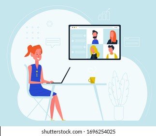 A woman work from home. Online meeting. Conference webinars or remote working. Protect from viruses. Flat illustration