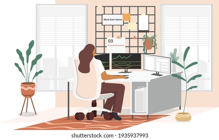An woman work from home -stock trading through online computer in minimal vector design. Work from home-online stock trade due to the covid19 outbreak