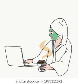 Woman work from home using laptop during beauty treatment vector illustration	