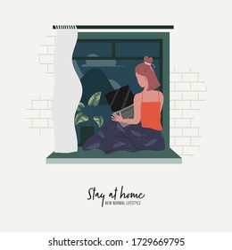 Woman work from home while sitting on windowsill at home. Stay at home and new normal lifestyle.