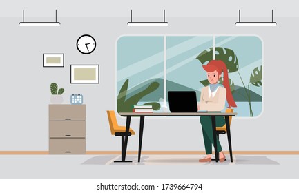 Woman work from home while sitting on windowsill at home. Stay at home and new normal lifestyle.