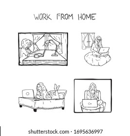 Woman at the work from home and working at the computer, hand drawn original set illustration. Female studying and getting job done from her apartment original sketch cartoon drawing with text tittle.