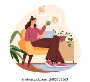 Woman work from home. Young girl sitting in chair with laptop and mug of hot drink. Freelancer and remote employee with online earnings. Flat vector illustration isolated on white background