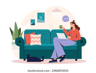 La mujer trabaja desde casa. Muchacha joven con el ordenador portátil y la taza de la bebida caliente se sienta en el sofá. Trabajador remoto y freelancer ganan dinero en Internet. Home office para las ganancias en línea. Ilustración vectorial plana