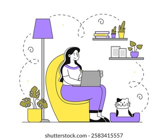 Woman work at home. Young girl with laptop working from home. Freelancer and remote worker earn money on Internet. Student with remote education. Linear vector illustration