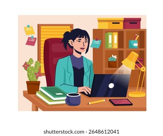 Woman work from home. Young girl with laptop works on Internet. Online earnings. Freelancer or remote employee. Comfortable workplace in apartment. Flat vector illustration