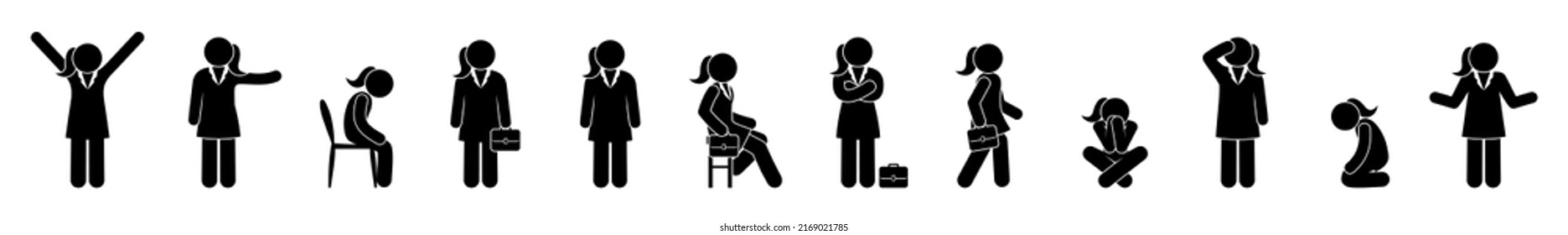 woman at work icon, businesswoman illustration, stick figure man, woman silhouettes set, isolated flat vector