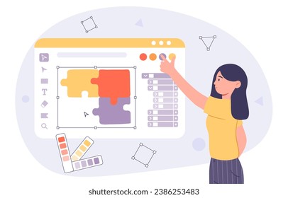 Woman work with illustrations concept. Graphic designer and freelancer at workplace. Young girl develop design elements for website. Cartoon flat vector illustration isolated on white background