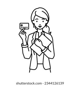 a woman in work jacket style holding a credit card and a document file laptop